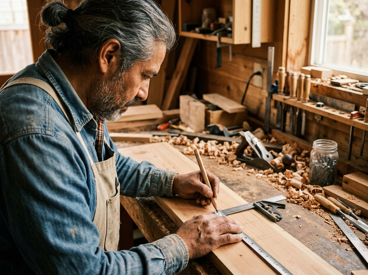 Portrait placeholder: craftsman marking a cedar board