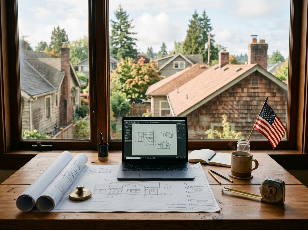 Portrait placeholder: workspace with laptop and blueprints
