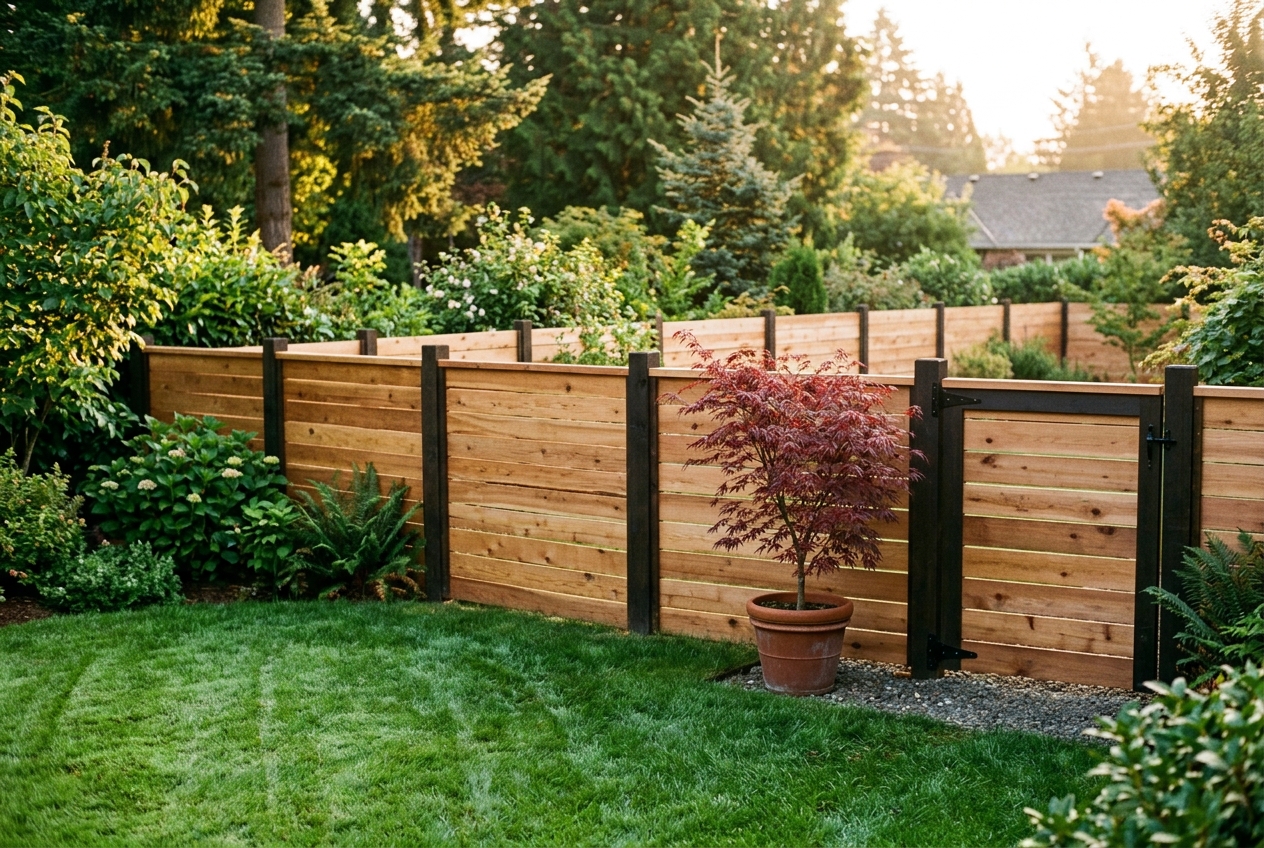 Newly installed horizontal cedar privacy fence with dark-stained posts
