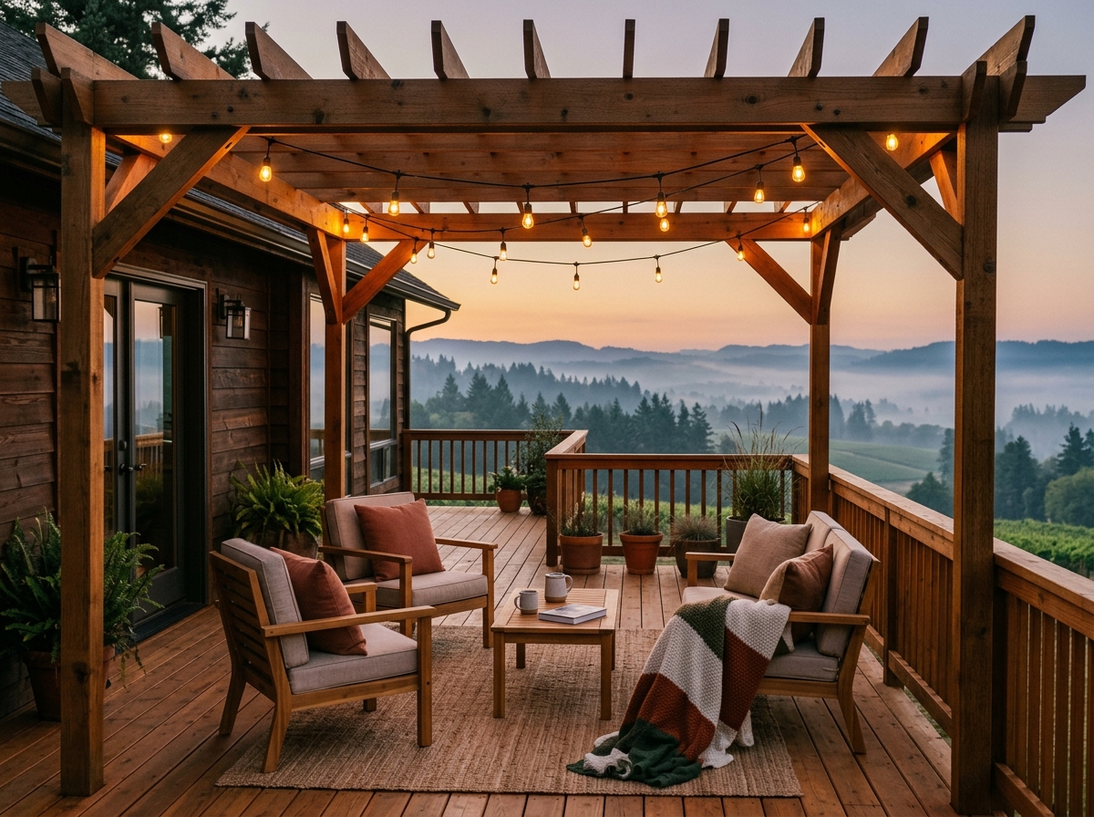 Finished cedar deck with pergola and string lights