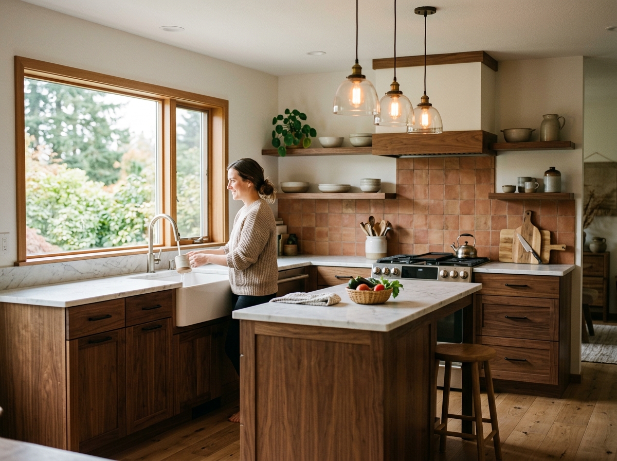 Remodeled Pacific NW kitchen with warm walnut cabinets and terracotta tile