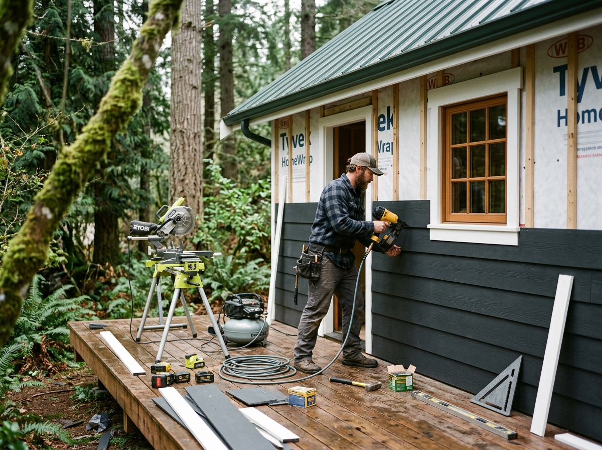 Fiber-cement siding being installed on a Pacific NW home