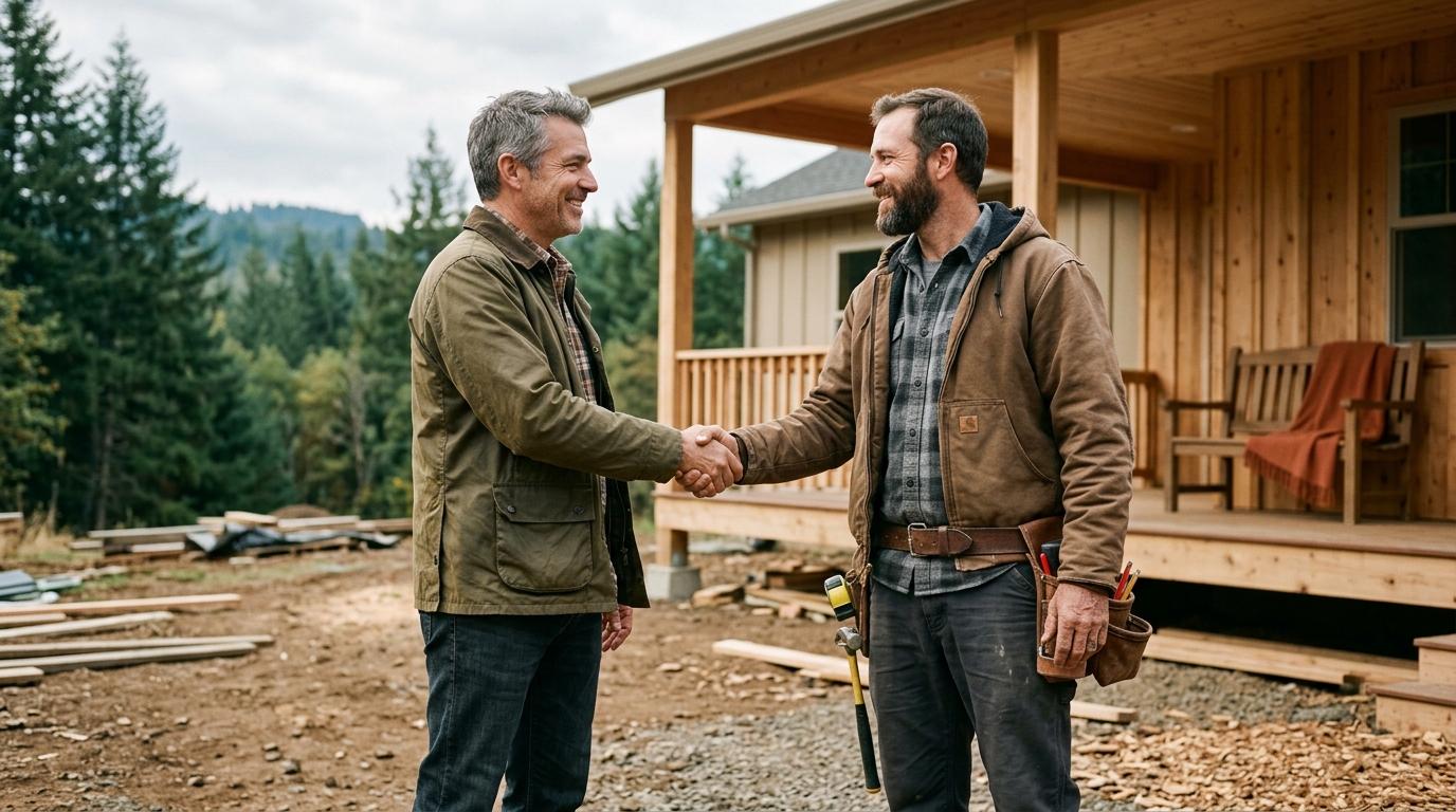 Homeowner and contractor shaking hands on a finished porch
